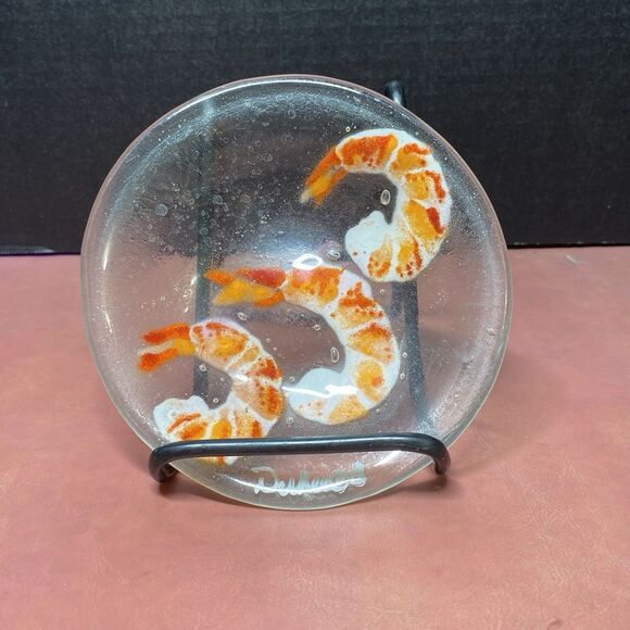 Fused Glass Gourmet Shrimp Cocktail Seafood 5.5" Appetizer Plate Dish DuRee - Picture 1 of 10